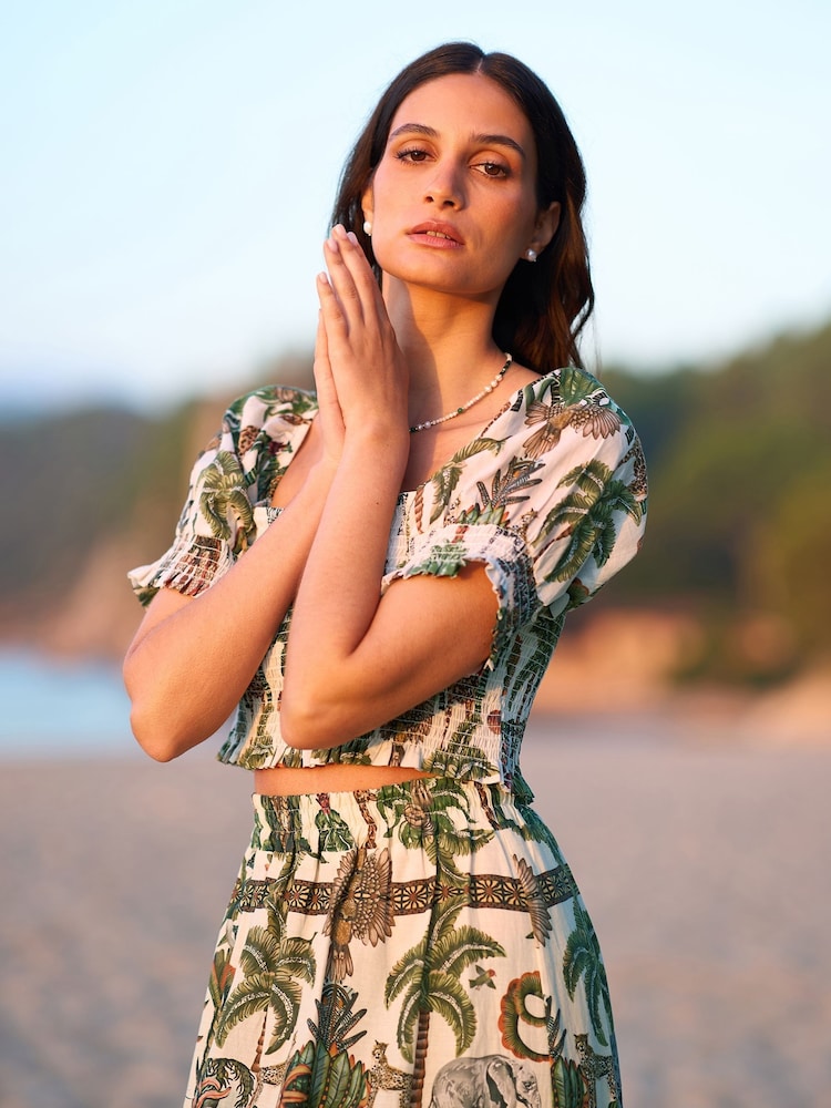 Yumi Green Voile Safari Ruched 100% Cotton Crop Top - Image 1 of 5
