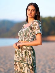 Yumi Green Voile Safari Ruched 100% Cotton Crop Top - Image 2 of 5