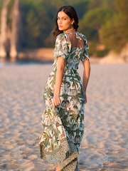 Yumi Green Voile Safari Ruched 100% Cotton Crop Top - Image 4 of 5