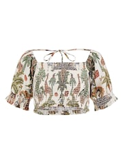 Yumi Green Voile Safari Ruched 100% Cotton Crop Top - Image 5 of 5