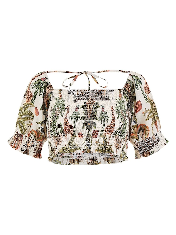 Yumi Green Voile Safari Ruched 100% Cotton Crop Top - Image 5 of 5