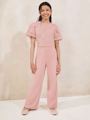 Lipsy Pink 2-In-1 Flutter Sleeve Lace Occasion Jumpsuit (5-16yrs) - Image 1 of 4
