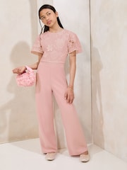 Lipsy Pink 2-In-1 Flutter Sleeve Lace Occasion Jumpsuit (5-16yrs) - Image 3 of 4