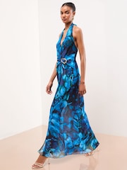 Lipsy Blue Printed Plunge Halter Maxi Dress - Image 2 of 5
