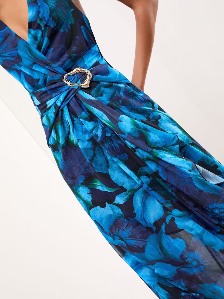 calvin klein blue maxi dress Ethel Mesh Cowl Plunge Maxi - Blue Abstract Print