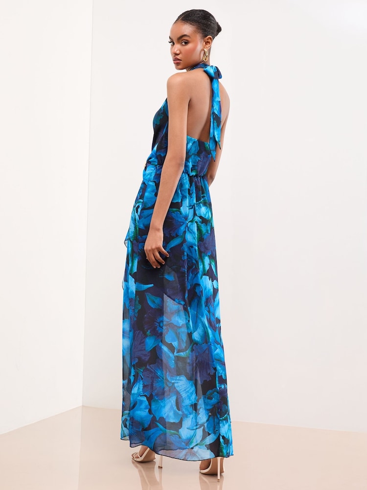 Lipsy Blue Printed Plunge Halter Maxi Dress - Image 5 of 5