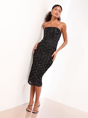 Lipsy Black Bandeau 3D Textured Bodycon Midi Dress - Image 1 of 4