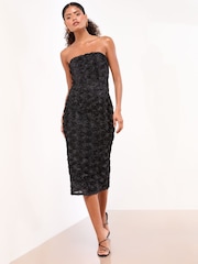 Lipsy Black Bandeau 3D Textured Bodycon Midi Dress - Image 2 of 4