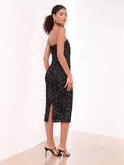Lipsy Black Bandeau 3D Textured Bodycon Midi Dress - Image 3 of 4