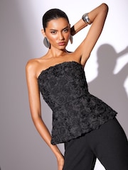 Lipsy Black Bandeau 3D Textured Wide Leg Jumpsuit - Image 1 of 4
