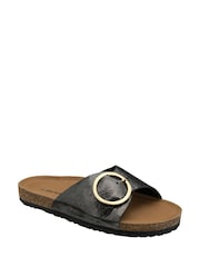 Dunlop Charcoal Black Ladies Single Large Buckle Footbed Sandals - Image 1 of 4