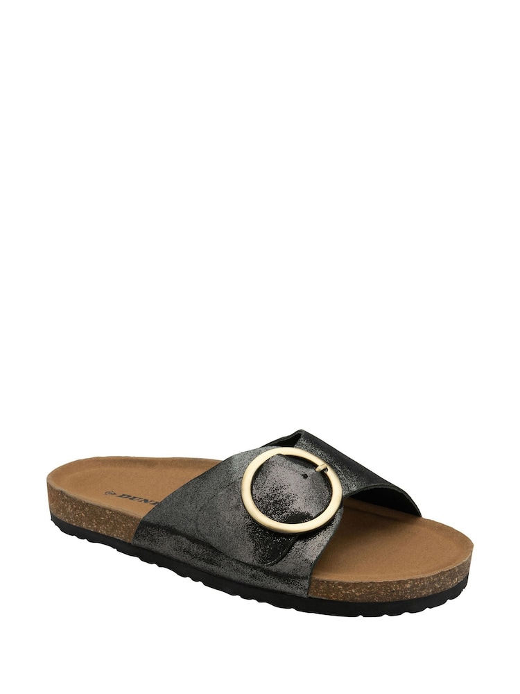 Dunlop Charcoal Black Ladies Single Large Buckle Footbed Sandals - Image 1 of 4