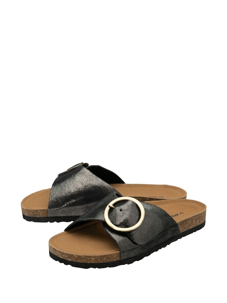 Dunlop Charcoal Black Ladies Single Large Buckle Footbed Sandals - Image 2 of 4