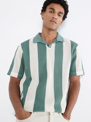 River Island Green Regular Fit Stripe Crochet 100% Cotton Polo Shirt - Image 1 of 4