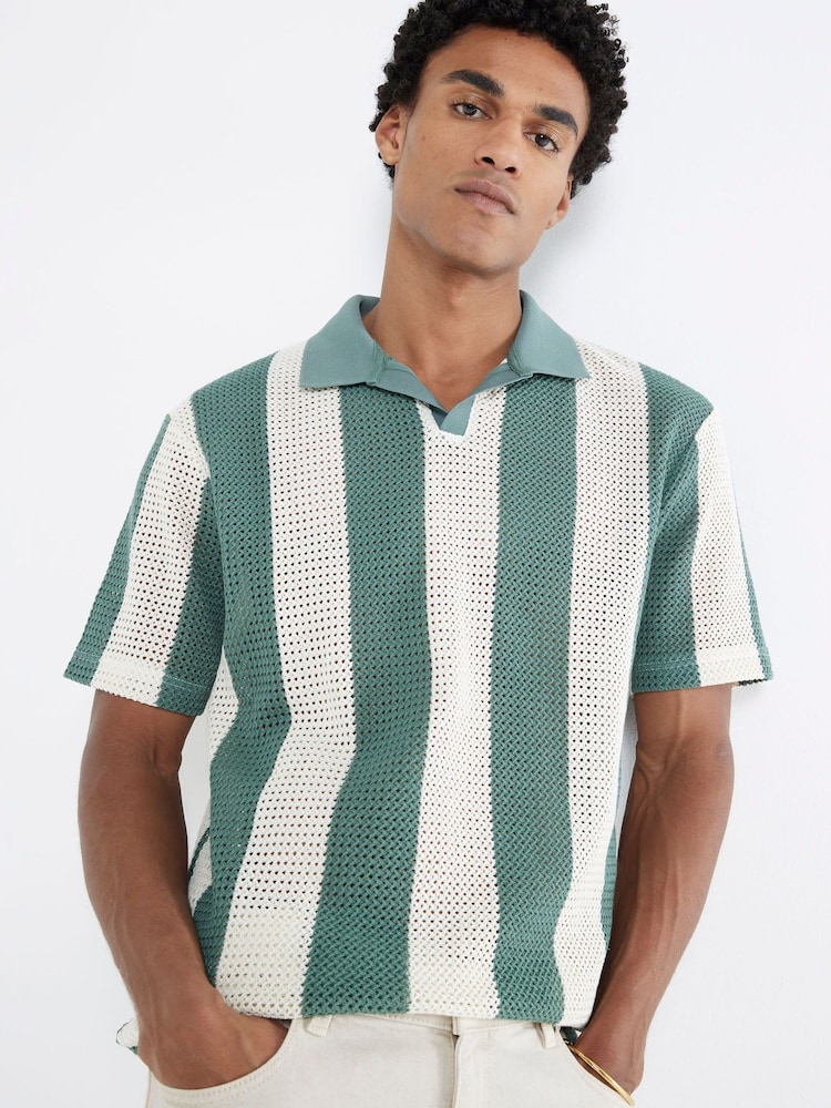 River Island Green Regular Fit Stripe Crochet 100% Cotton Polo Shirt - Image 1 of 4