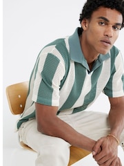 River Island Green Regular Fit Stripe Crochet 100% Cotton Polo Shirt - Image 2 of 4