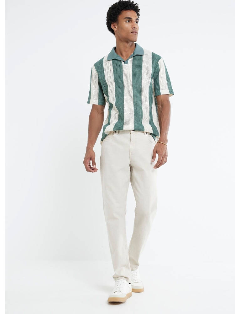 River Island Green Regular Fit Stripe Crochet 100% Cotton Polo Shirt - Image 4 of 4