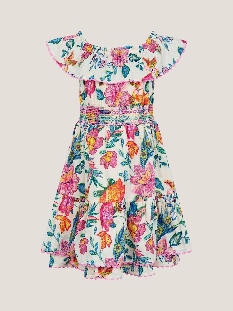 Monsoon Natural Milena Floral Print Bardot Dress - Image 1 of 3