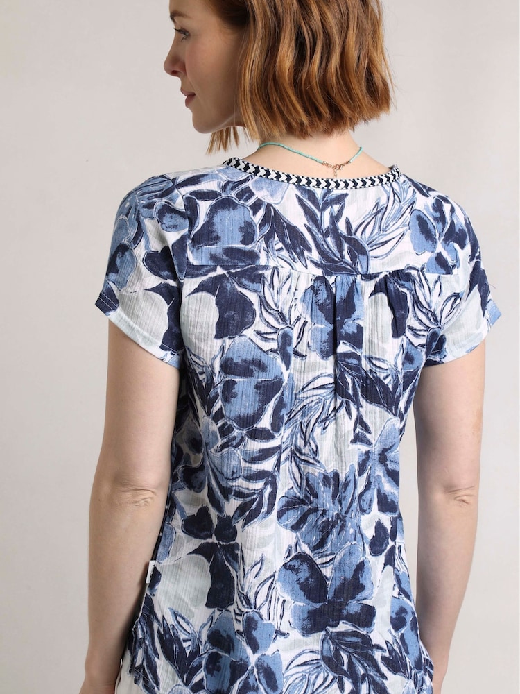 Weird Fish Blue Sofia Printed Cheesecloth 100% Cotton Blouse - Image 2 of 7