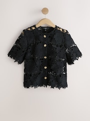 Black Floral Lace Short Sleeve Top - Image 5 of 7