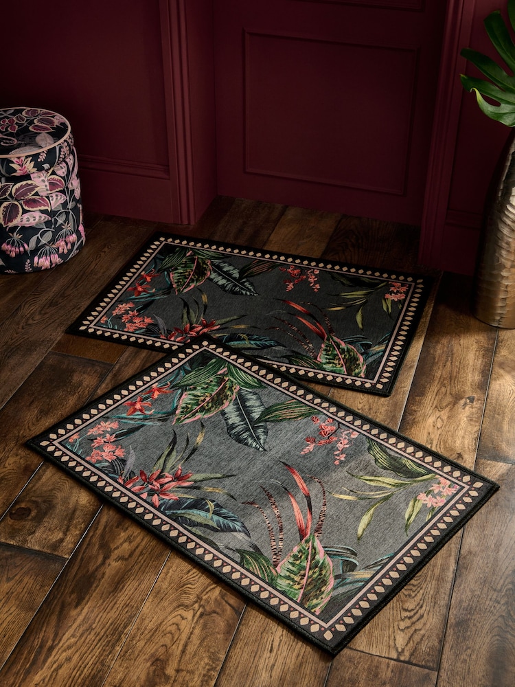 Set of 2 Grey Washable Tropicial Border Doormats - Image 1 of 7