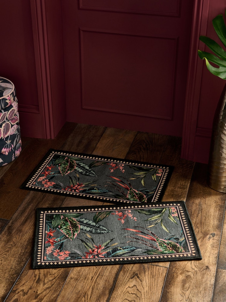 Set of 2 Grey Washable Tropicial Border Doormats - Image 2 of 7