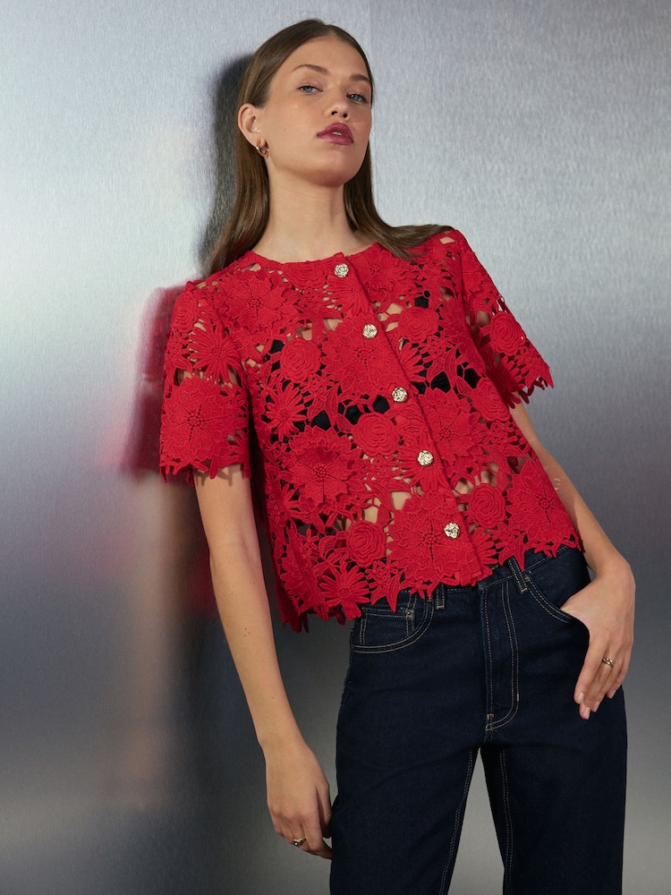 Red Floral Lace Short Sleeve Top - Image 1 of 5