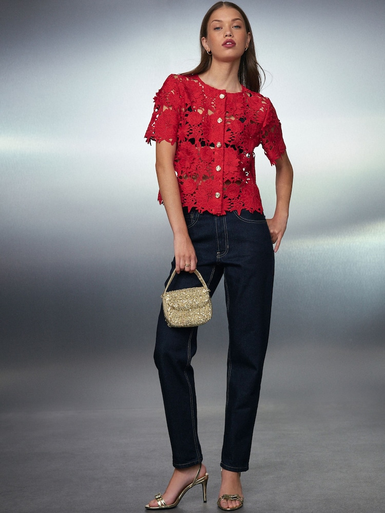Red Floral Lace Short Sleeve Top - Image 2 of 5