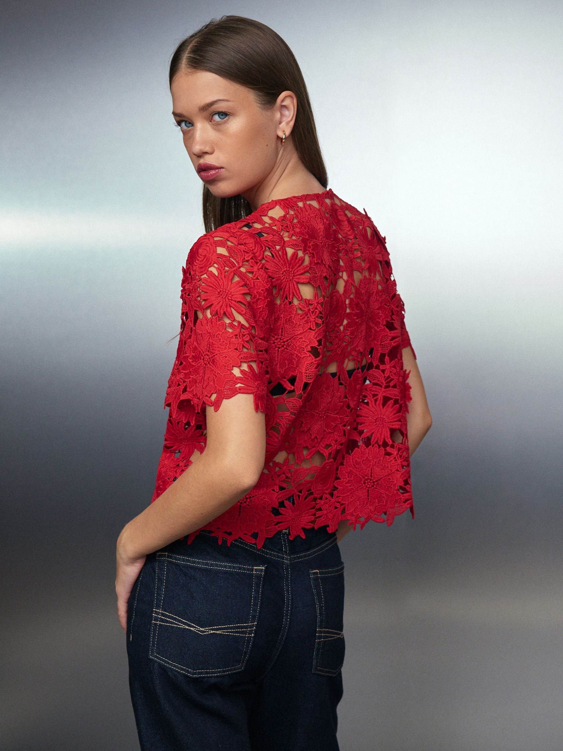 Buy Red Floral Lace Short Sleeve Top from Next USA