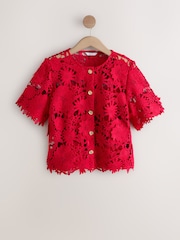 Roșu - Top cu mânecă scurtă din dantelă florală - Imaginea 6 din 8