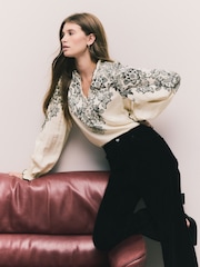 Black/Ecru Floral Placement Lace Trim Ruffle Blouse - Image 1 of 8