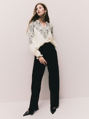 Black/Ecru Floral Placement Lace Trim Ruffle Blouse - Image 2 of 8