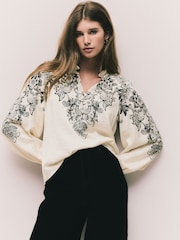 Black/Ecru Floral Placement Lace Trim Ruffle Blouse - Image 3 of 8