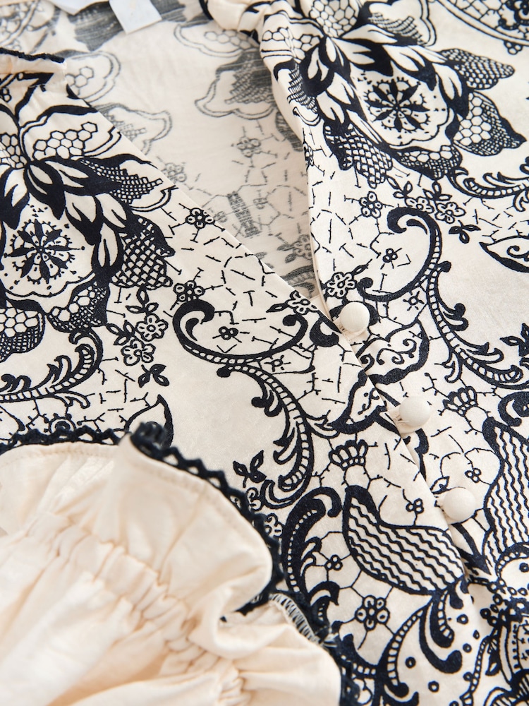Black/Ecru Floral Placement Lace Trim Ruffle Blouse - Image 8 of 8
