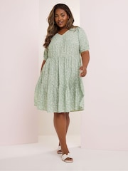 Yours Curve Green Tiered Short Sleeve Midi Dress - Image 1 of 6
