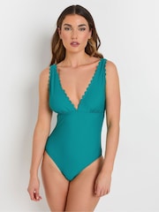Long Tall Sally Blue Scallop Detail Swimsuit - Image 1 of 7