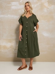Yours Curve Green Frill Sleeve Button Peplum Dress - Image 1 of 5