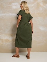 Yours Curve Green Frill Sleeve Button Peplum Dress - Image 2 of 5