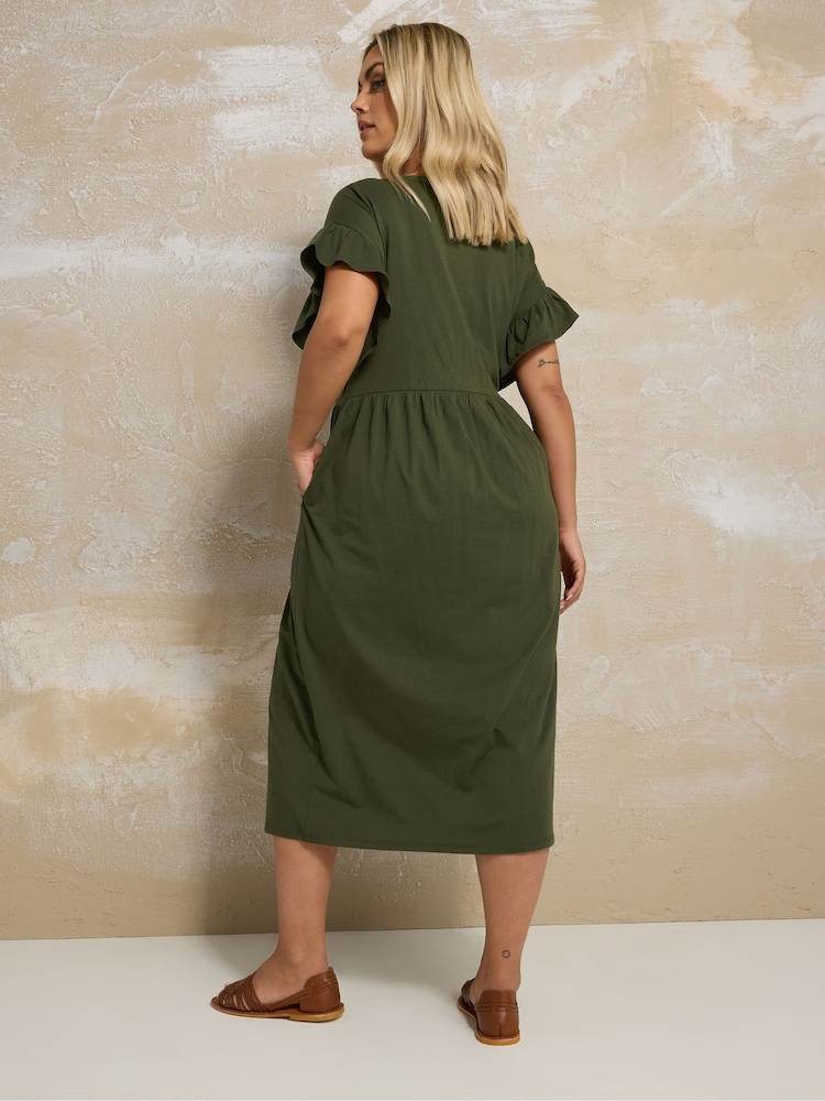 Yours Curve Green Frill Sleeve Button Peplum Dress - Image 2 of 5