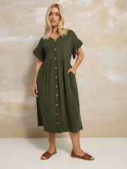 Yours Curve Green Frill Sleeve Button Peplum Dress - Image 3 of 5