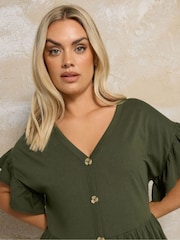 Yours Curve Green Frill Sleeve Button Peplum Dress - Image 4 of 5