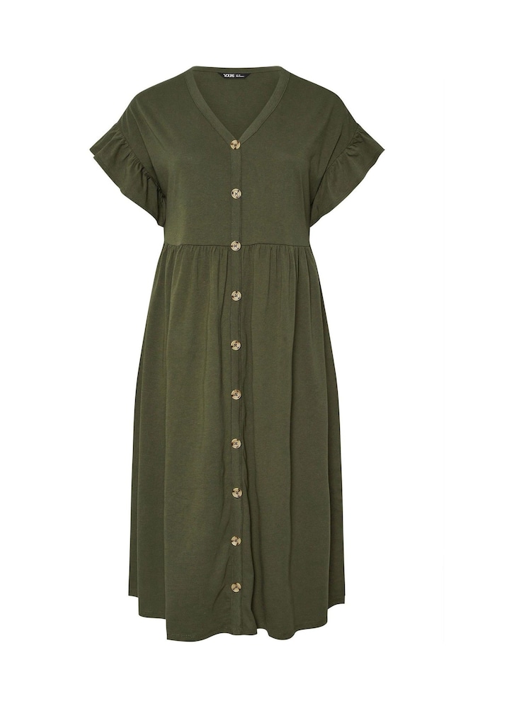 Yours Curve Green Frill Sleeve Button Peplum Dress - Image 5 of 5