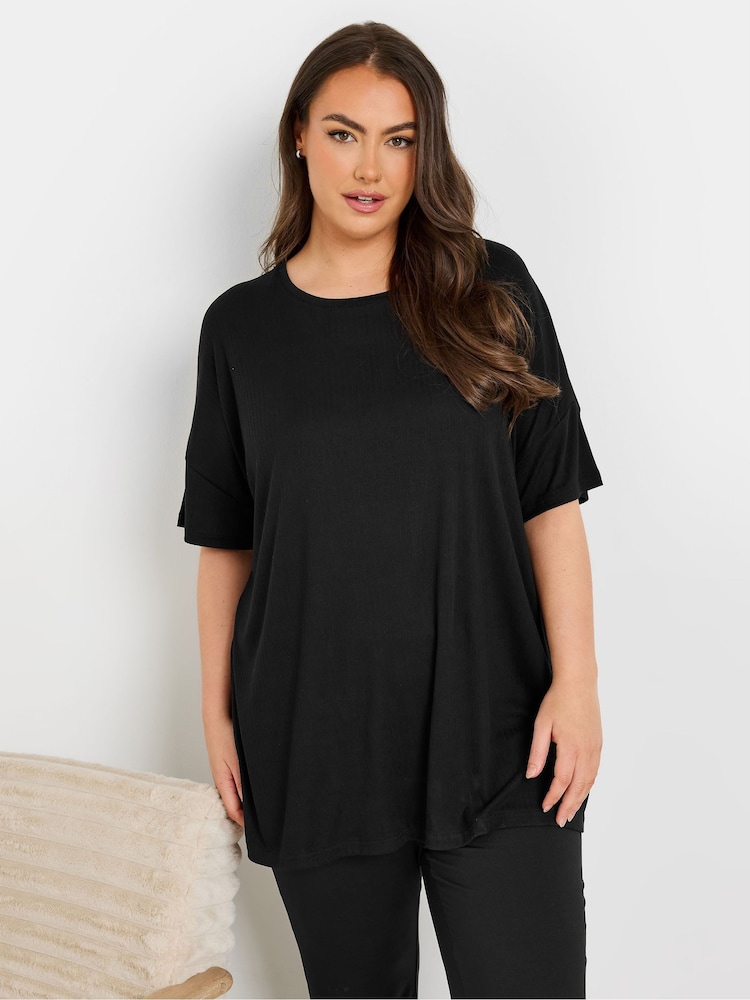 Yours Curve Black Ribbed Sleep Top - Image 1 of 5