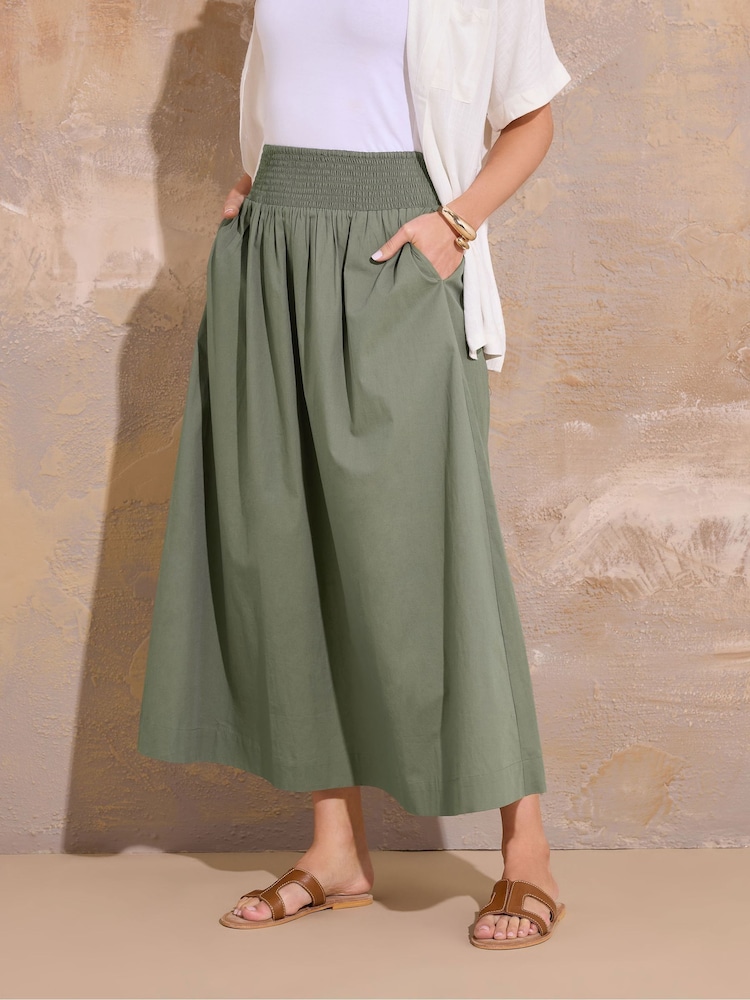 Long Tall Sally Green Shirred Waist 100% Cotton Skirt - Image 1 of 6