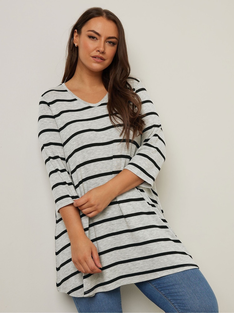 Yours Curve Grey Stripe Soft Touch Top - Image 2 of 5