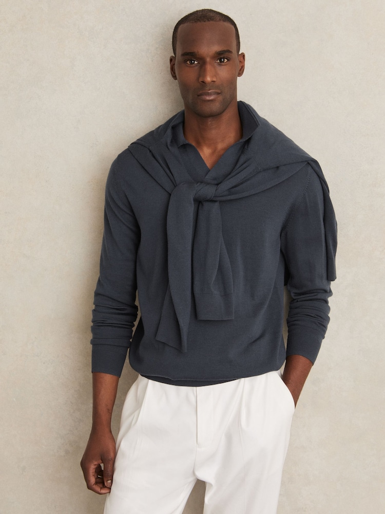 Reiss Midnight Navy Milburn Merino Wool Open-Collar Polo Shirt - Image 1 of 5