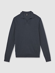 Reiss Midnight Navy Milburn Merino Wool Open-Collar Polo Shirt - Image 2 of 5