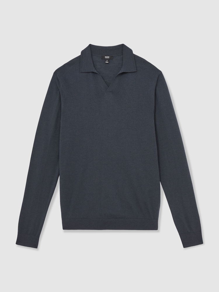 Reiss Midnight Navy Milburn Merino Wool Open-Collar Polo Shirt - Image 2 of 5