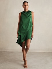 Reiss Green Eloise Satin Drape-Neck Layered Dress - Image 1 of 6