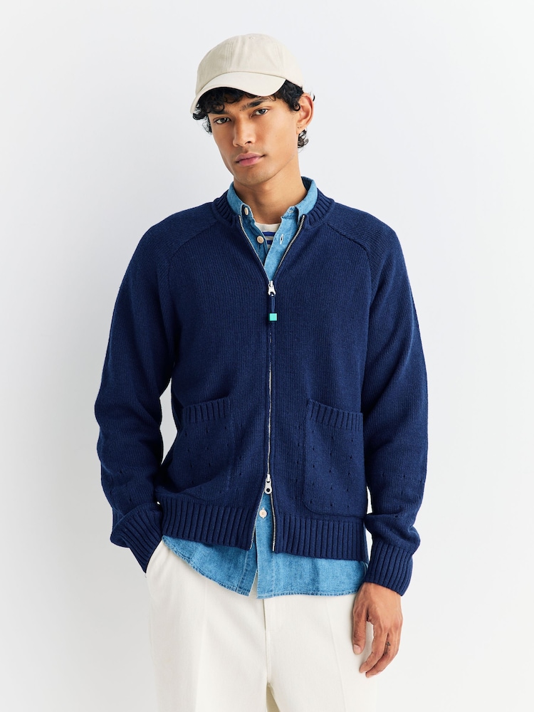 Folk Blue Pointelle Knit Zip Bomber Cardigan - Image 1 of 10